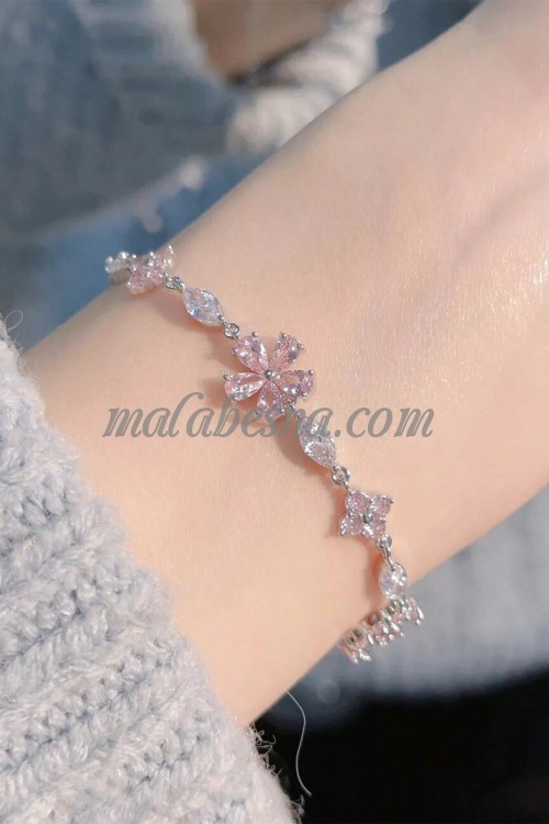 Silver bracelet with pink flowers