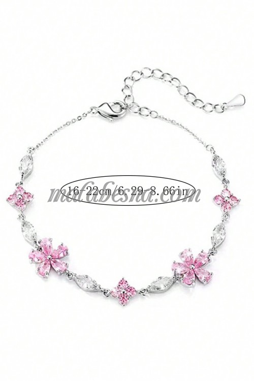 Silver bracelet with pink flowers