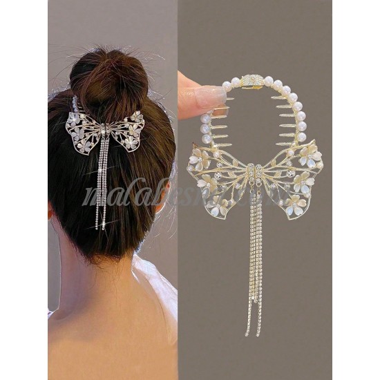 Butterfly Hair Clip with Flowers, Pearls and Rhinestones