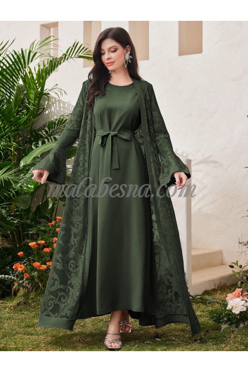 2 Pieces green suit long patterned jacket and a belt