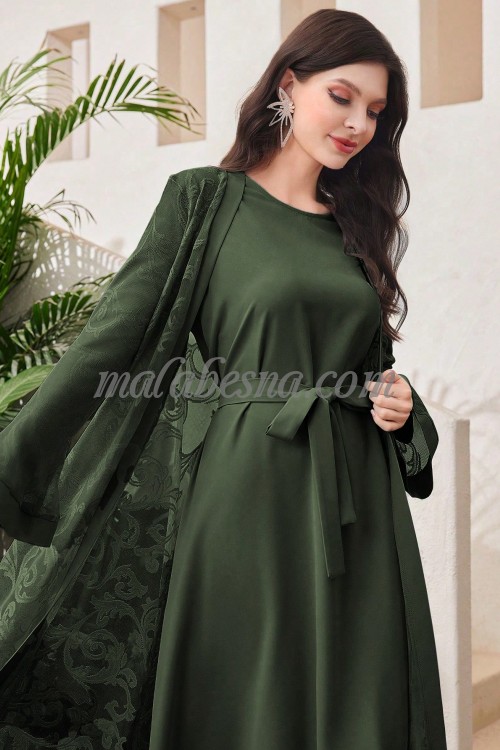2 Pieces green suit long patterned jacket and a belt