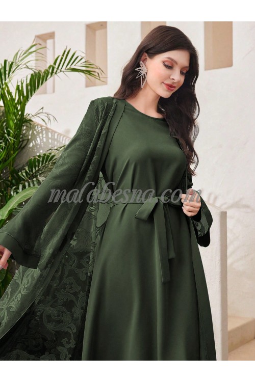2 Pieces green suit long patterned jacket and a belt