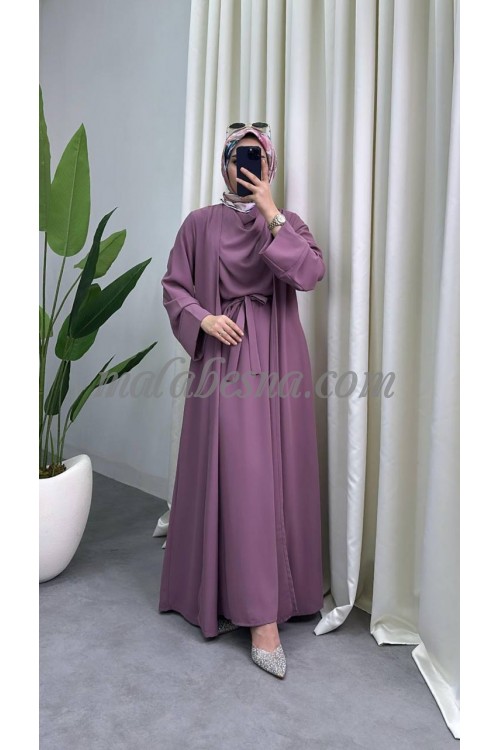 2 pieces pink abaya with attached belt on the internal dress