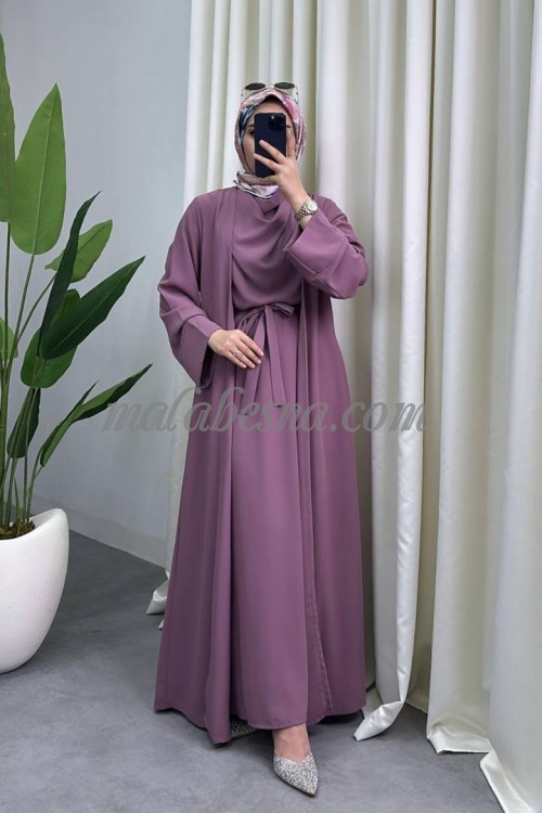 2 pieces pink abaya with attached belt on the internal dress