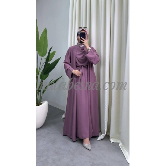 2 pieces pink abaya with attached belt on the internal dress