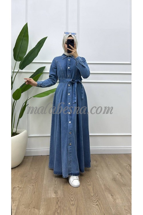 Blue jeans dress with belt and front buttons