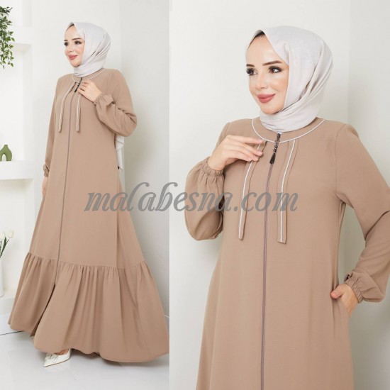 Beige abaya with zipper and layers from down