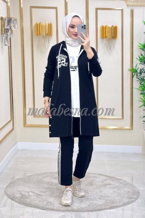 3 pieces black training suit with white shirt