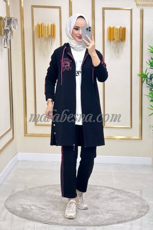 3 Pieces black training suit with pink pattern on the jacket and white shirt