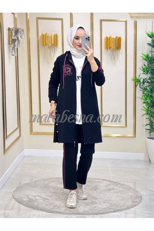 3 Pieces black training suit with pink pattern on the jacket and white shirt