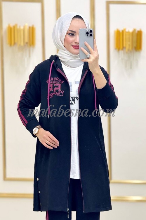 3 Pieces black training suit with pink pattern on the jacket and white shirt