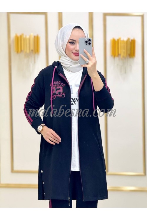 3 Pieces black training suit with pink pattern on the jacket and white shirt