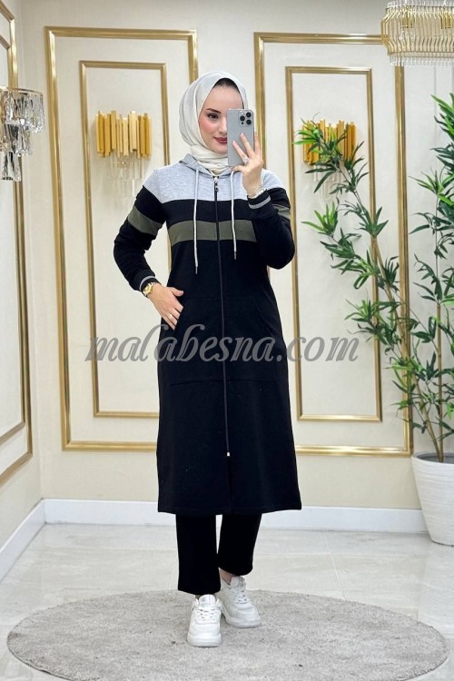 2 pieces black jacket with green line on the jacket