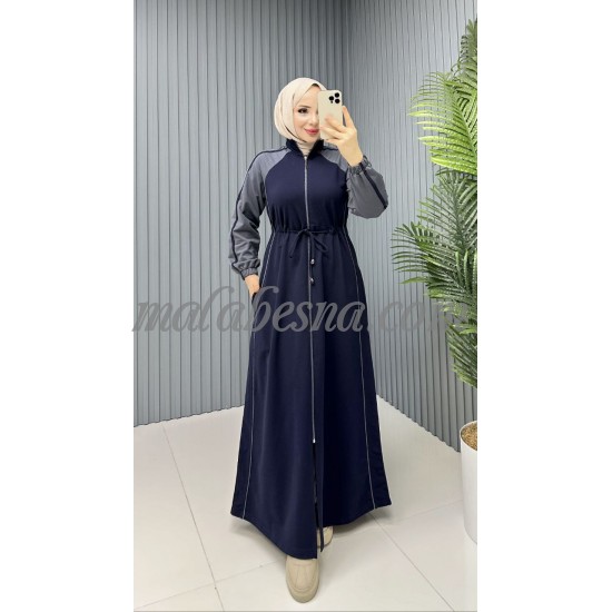 Dark blue Sporty abaya with gray color with intire belt