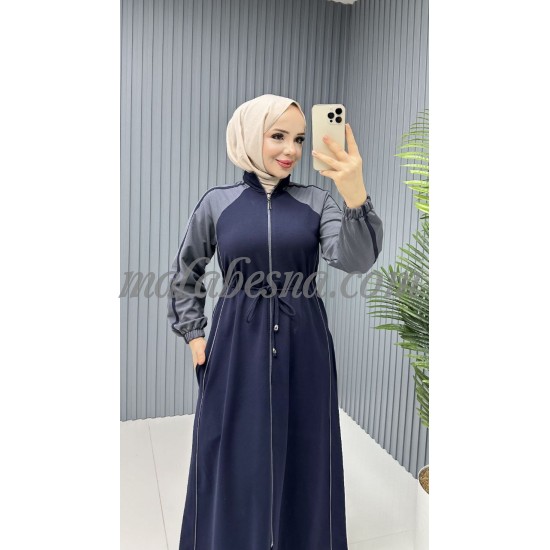 Dark blue Sporty abaya with gray color with intire belt