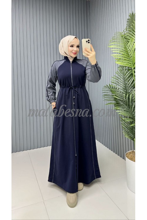 Dark blue Sporty abaya with gray color with intire belt