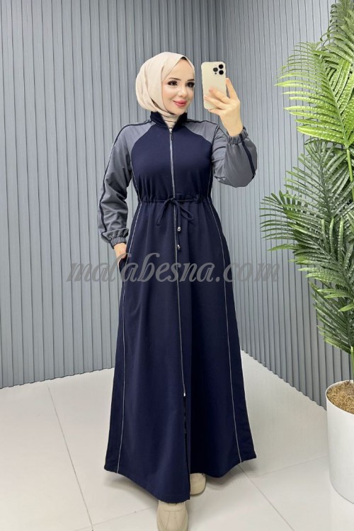 Dark blue Sporty abaya with gray color with intire belt