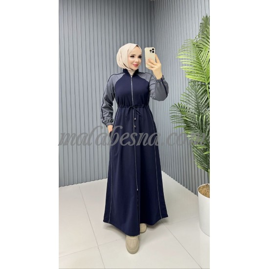 Dark blue Sporty abaya with gray color with intire belt