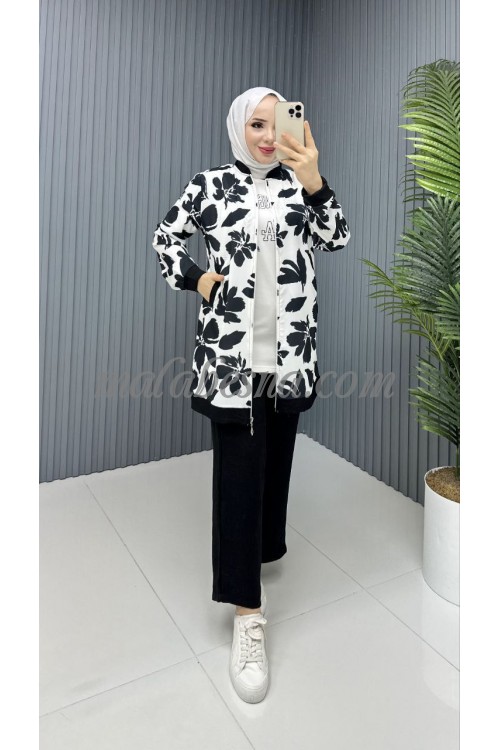 3 Pieces balck and white suit with flowers pattern on the jacket