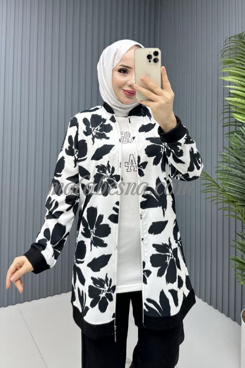 3 Pieces balck and white suit with flowers pattern on the jacket