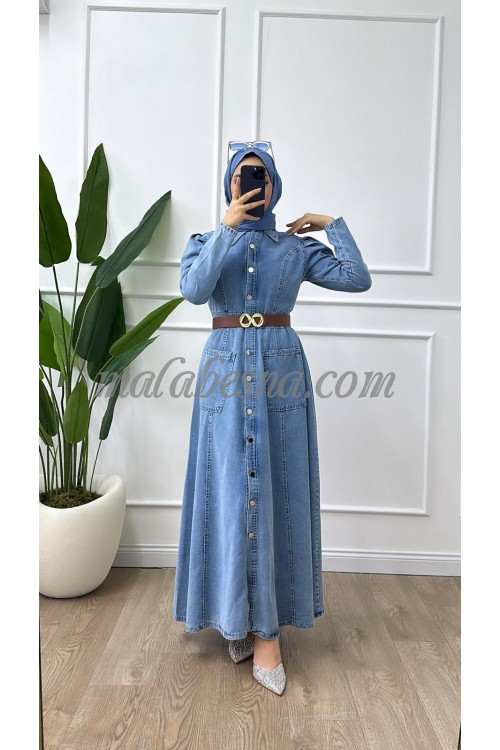 light jeans dress with belt with brown belt