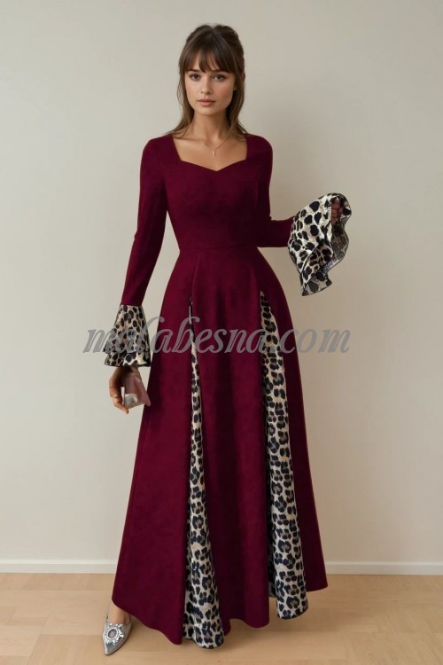 Burgundy dress with tiger pattern below and on the sleeves