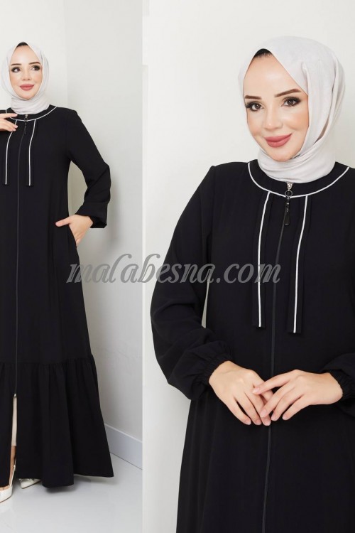 Black abaya with zipper and layers from down