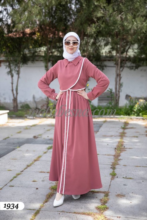 pink dress with white lines and buttons from infront with pockets