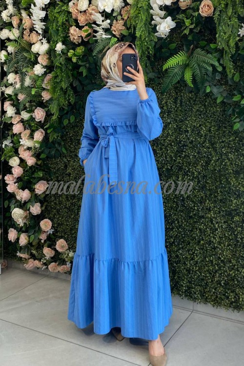 Blue lined dress with belt