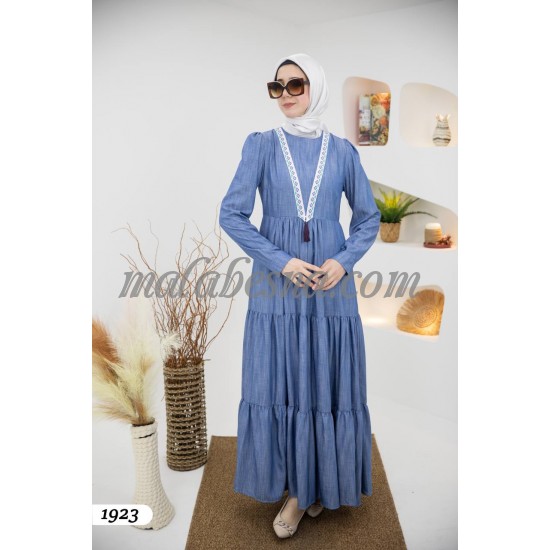 Blue jeans dress with layers and Cloche dress with pattern on V on the chest Blue jeans dress with layers and Cloche dress with pattern on V on the chest