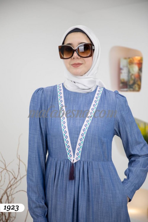 Blue jeans dress with layers and Cloche dress with pattern on V on the chest
