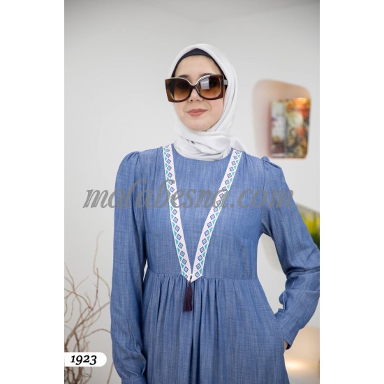 Blue jeans dress with layers and Cloche dress with pattern on V on the chest Blue jeans dress with layers and Cloche dress with pattern on V on the chest