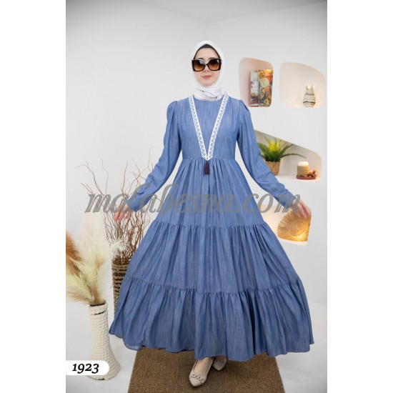 Blue jeans dress with layers and Cloche dress with pattern on V on the chest Blue jeans dress with layers and Cloche dress with pattern on V on the chest