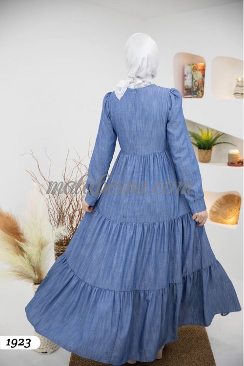Blue jeans dress with layers and Cloche dress with pattern on V on the chest