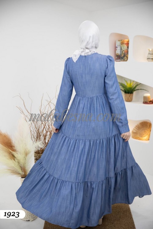 Blue jeans dress with layers and Cloche dress with pattern on V on the chest
