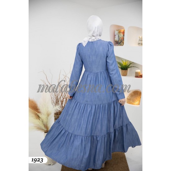 Blue jeans dress with layers and Cloche dress with pattern on V on the chest Blue jeans dress with layers and Cloche dress with pattern on V on the chest