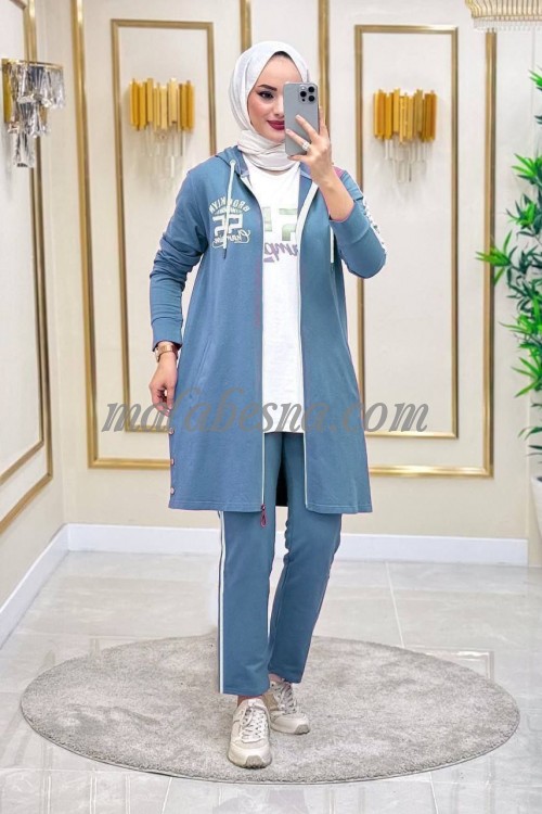 3 Pieces blue tracksuit with long jacket and white shirt