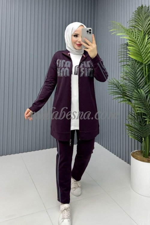 3 Pieces Burgundy tracksuit with long jacket and white shirt