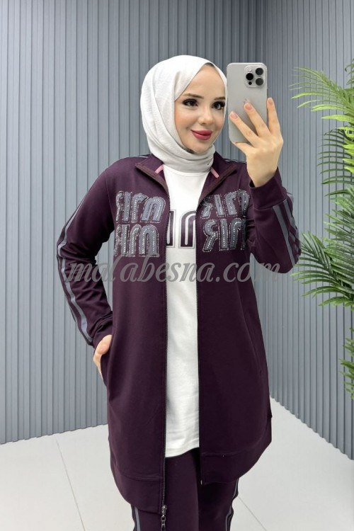 3 Pieces Burgundy tracksuit with long jacket and white shirt