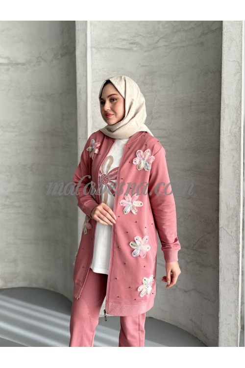 3 Pieces Pink tracksuit with flowers pattern on the jacket