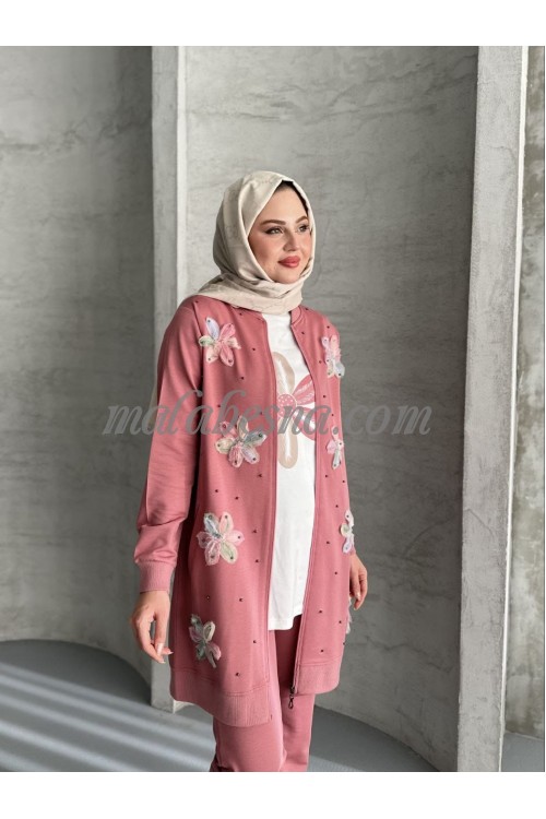 3 Pieces Pink tracksuit with flowers pattern on the jacket