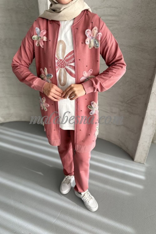 3 Pieces Pink tracksuit with flowers pattern on the jacket