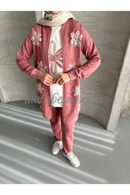 3 Pieces Pink tracksuit with flowers pattern on the jacket