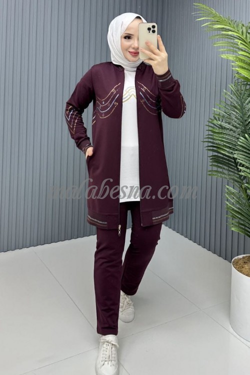 3 Pieces Burgundy tracksuit with colored lines on the jacket and shoulders