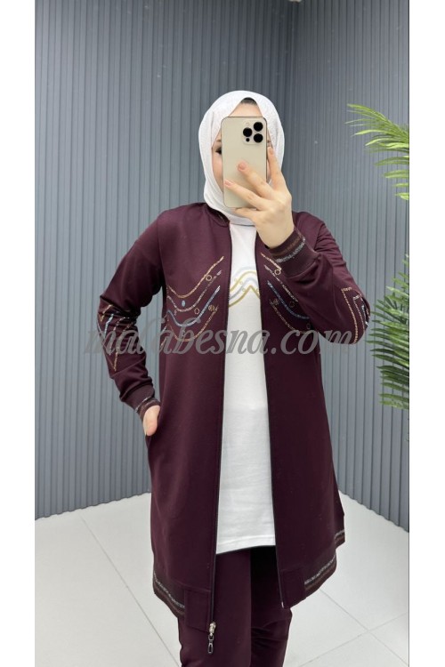 3 Pieces Burgundy tracksuit with colored lines on the jacket and shoulders
