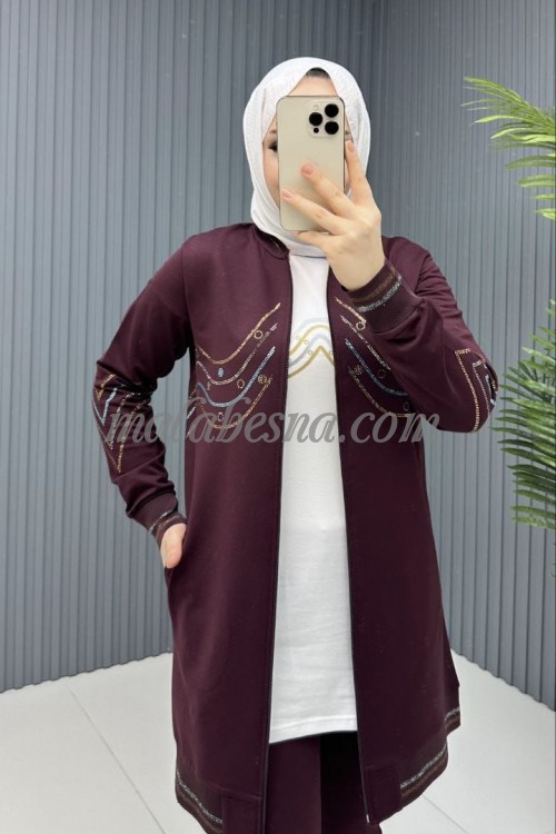 3 Pieces Burgundy tracksuit with colored lines on the jacket and shoulders