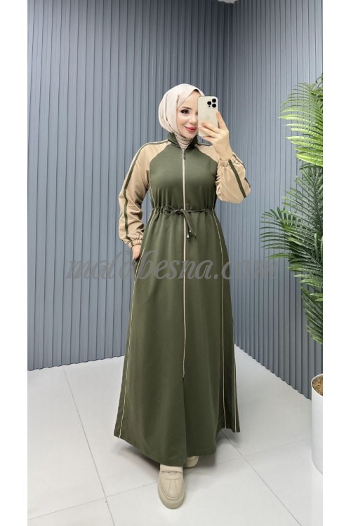Oily green sporty abaya with beige color on the shoulders