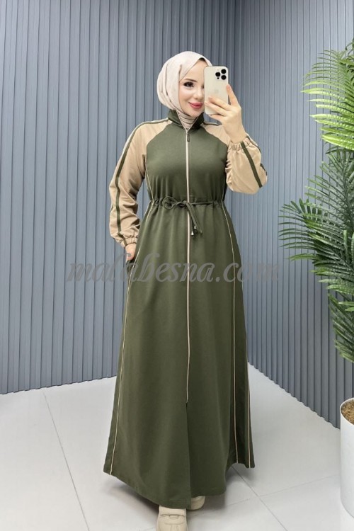 Oily green sporty abaya with beige color on the shoulders