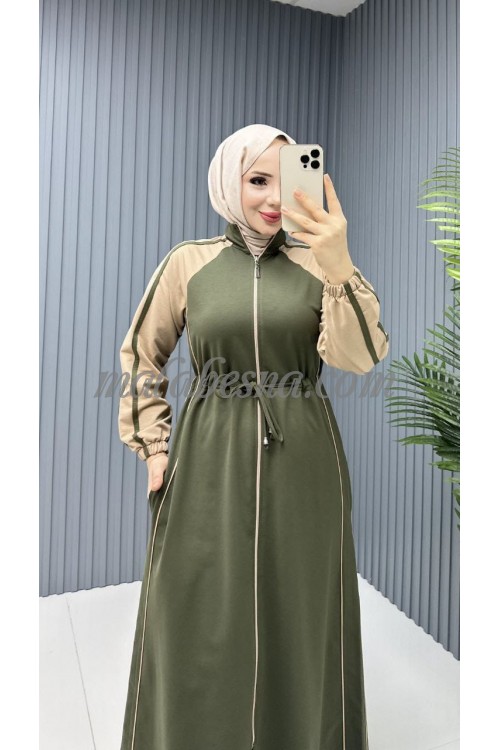 Oily green sporty abaya with beige color on the shoulders