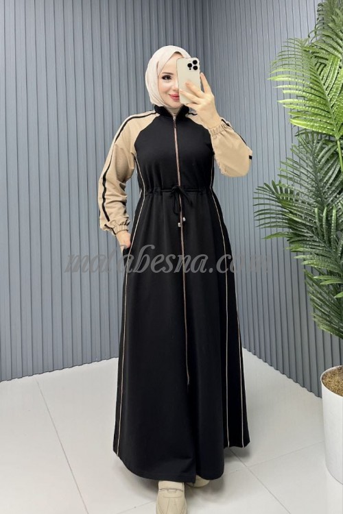 black sporty abaya with beige color on the shoulders